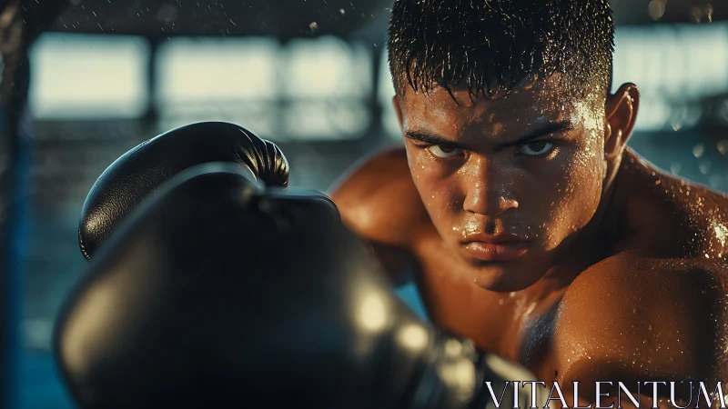 Intense boxer with determination. Sweat-covered athlete in dark gloves.