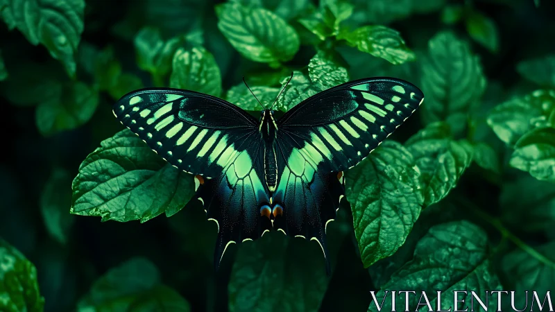 Macro closeup of iridescent green swallowtail butterfly wings