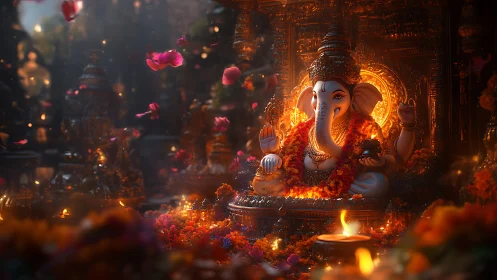 Ganesh idol sits in ornate shrine surrounded by offerings