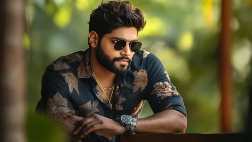 Stylish man in sunglasses leans on railing outdoors thoughtfully.