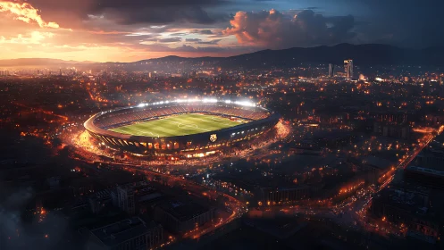 Floodlit football stadium crowns glowing sunset cityscape.
