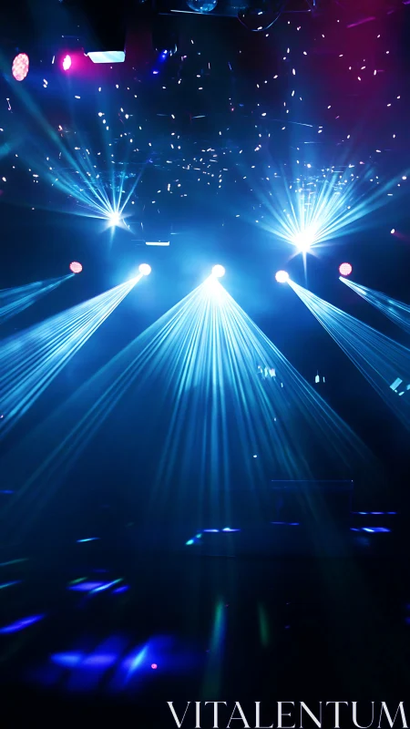 Concert stage beams with blue volumetric nightclub lighting.