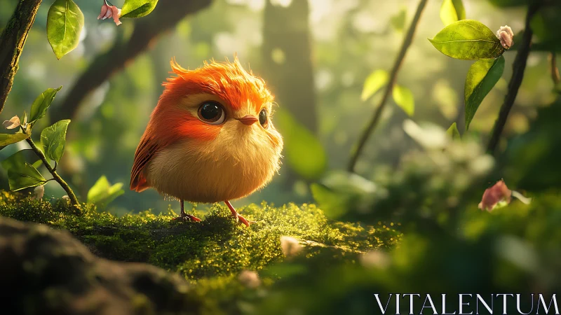 Cute Fluffy Bird in Enchanted Forest, Digital Art Illustration.