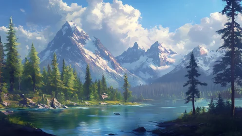 Snow-capped peaks overlook tranquil pine lake at sunrise.