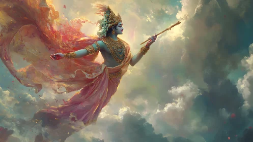 Celestial deity glides through luminous storm clouds