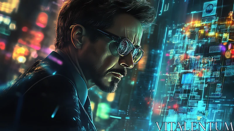 Cybernetic analyst studies holographic data grid with neon UI