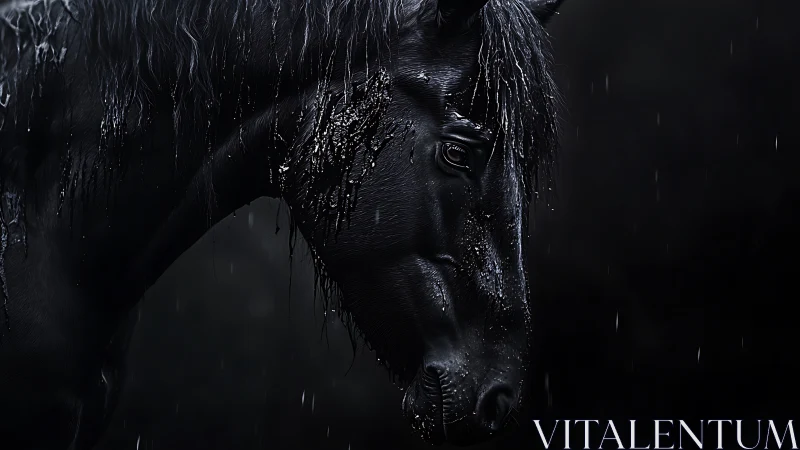 Wet black horse in rain with dramatic low key lighting.