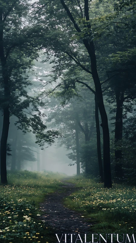 Forest Path Through Mist and Tall Trees.