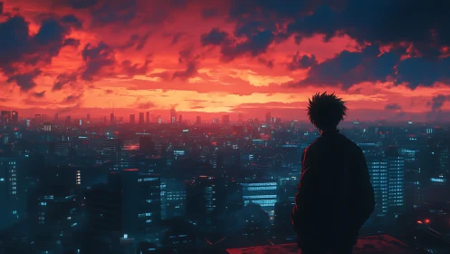 Neon dusk crowns the lone rooftop dreamer above the city glow