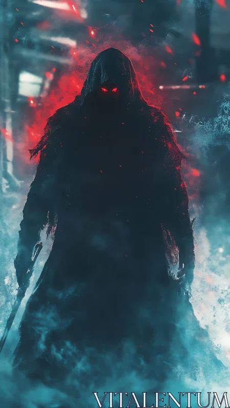 Shadowed wanderer wrapped in red mist and quiet menace.