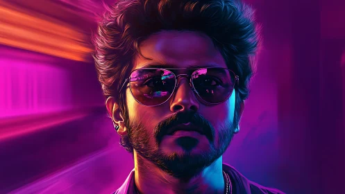 Neon lit male portrait with reflective sunglasses and bokeh glow