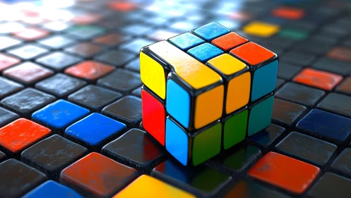 3D geometric cube cluster on reflective tiled matrix surface.