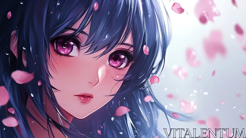Melancholic anime girl gazes through drifting cherry petals