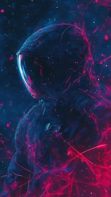 Side-profile astronaut in suit amid neon particle field