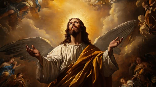 Digital painting of radiant angelic ascension in golden clouds.