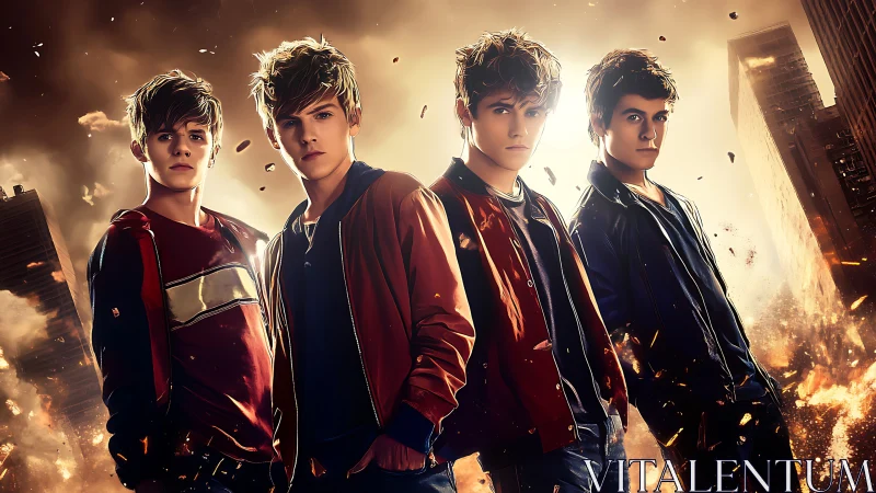 Four teenage heroes stand amid burning futuristic ruins