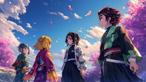 Anime swordsmen stand under cherry blossoms in spring sky.