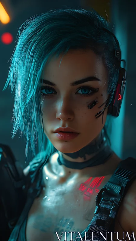 Cybernetic woman with teal hair in dim neon-lit setting.
