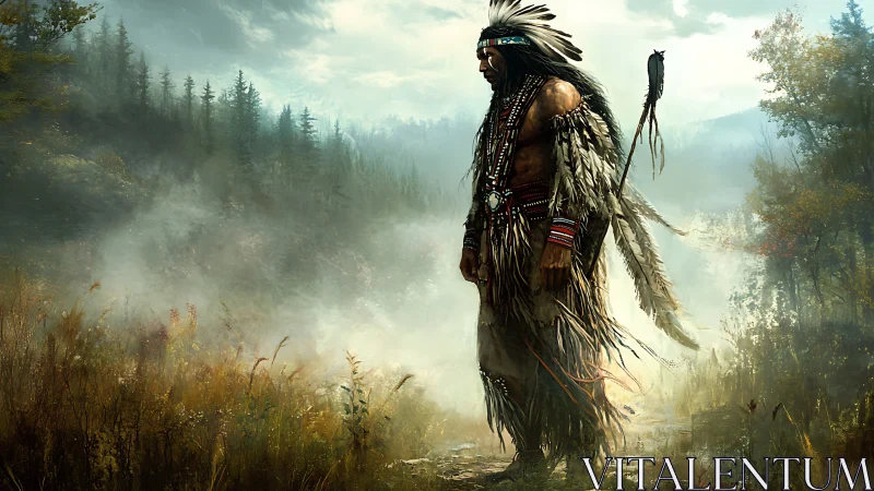 Solitary tribal warrior in misty forest valley at dawn.