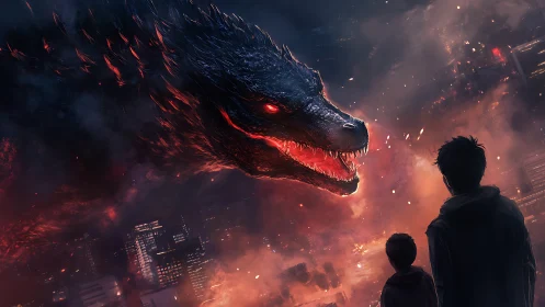 City embers crown a colossal dragon’s glare over dreamers.