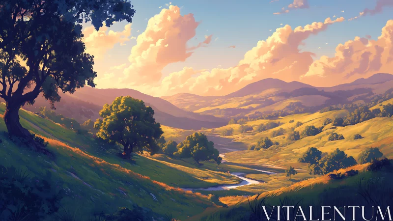 Sunlit rolling valley with river under glowing dusk sky.