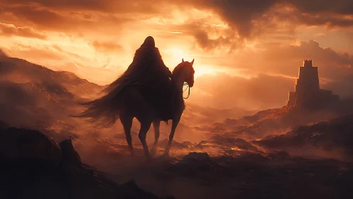 Shrouded rider drifts toward a lone citadel of molten dusk