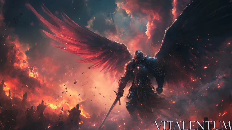 Fiery winged warrior strides through a blazing battlefield sky