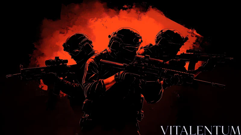 Triad of tactical soldiers against crimson combat flare.