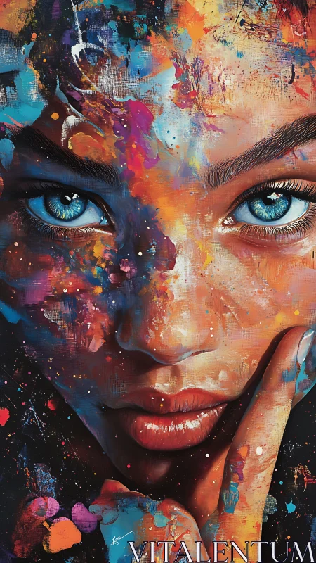 Chromatic portrait study with intense blue irises and splatter.