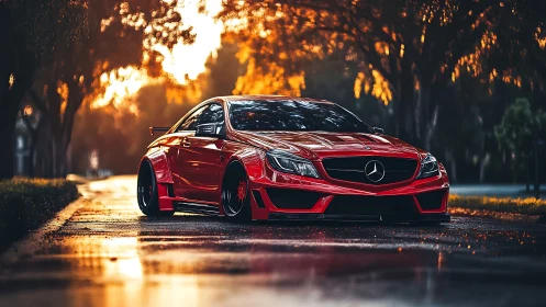 Scarlet street rocket hums through a molten autumn tunnel