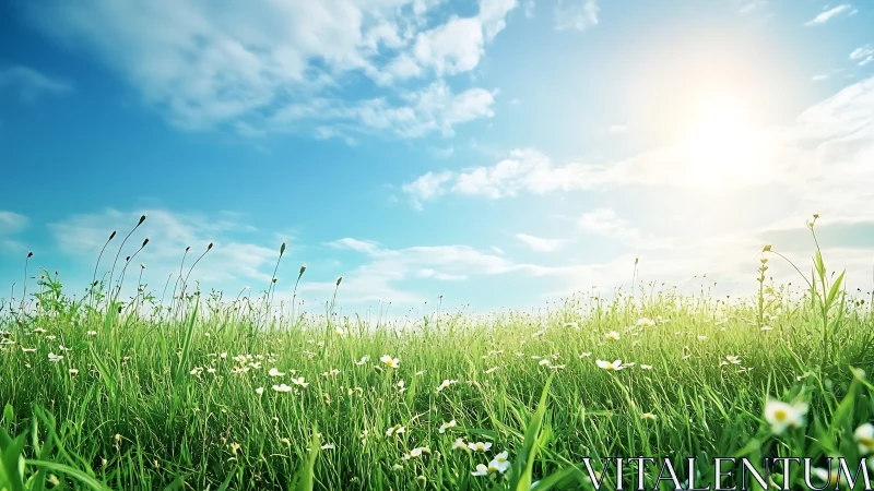 Sunlit wildflower meadow under expansive blue spring sky.