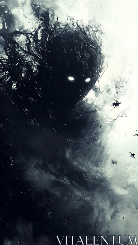 Amorphous shadow entity emerges from swirling monochrome void