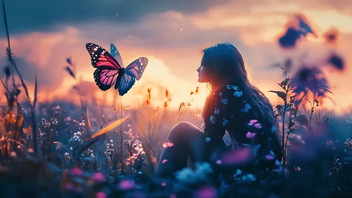 Dusk meadow reverie with girl and glowing monarch butterfly.