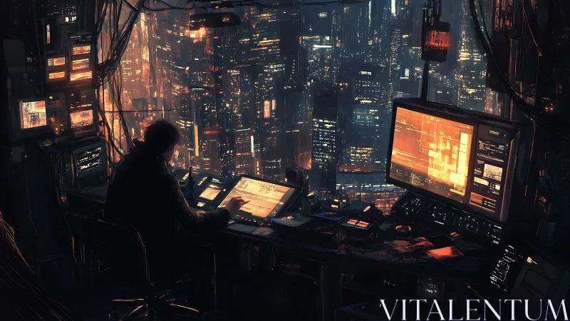 Lone hacker monitors neon cityscape from cluttered control room