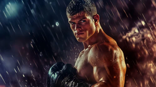 Intense boxer stance in rain with dramatic lighting