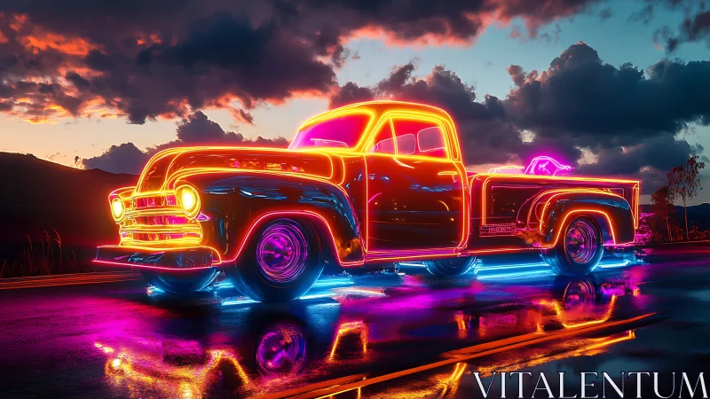 Neon outlined vintage pickup truck on wet road at dusk.