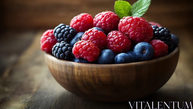 Mixed berries in rustic wooden bowl with soft moody light.