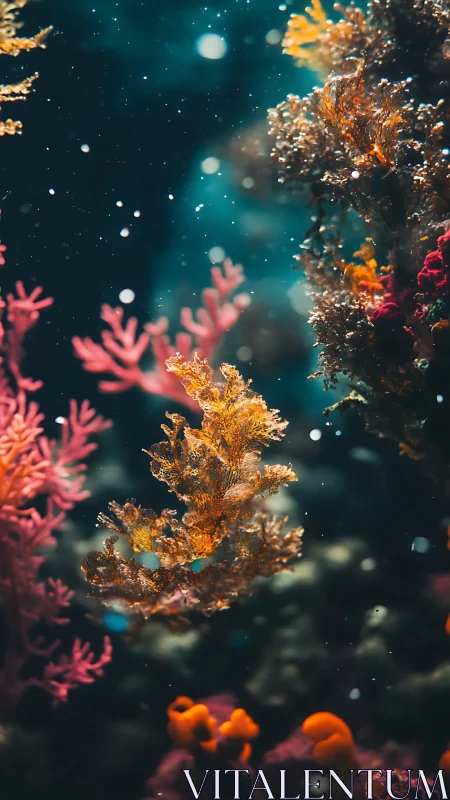 Golden coral frond glows within deep teal seascape.