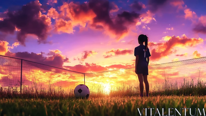 Sunlit youth footballer silhouetted against vivid sunset sky.