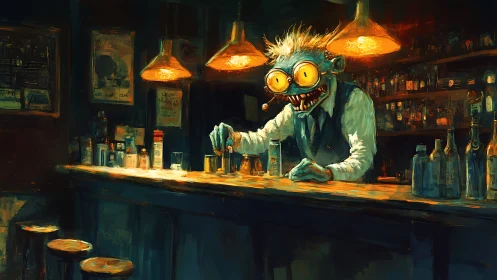 Grotesque neon-eyed bartender mixing drinks in moody bar