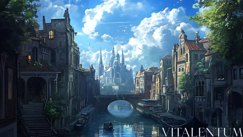 Sunlit canal city recedes toward luminous fantasy citadel