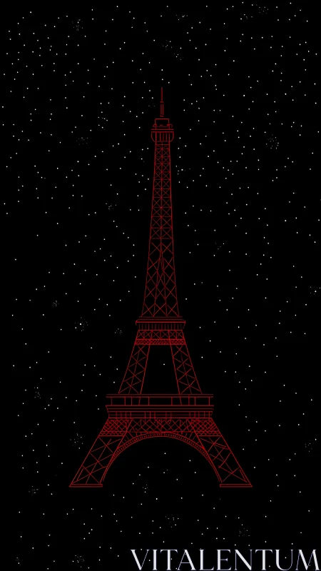 Red line illustration of Eiffel Tower on star-dotted black field