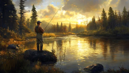 Sunlit river angler stands in golden forest twilight.