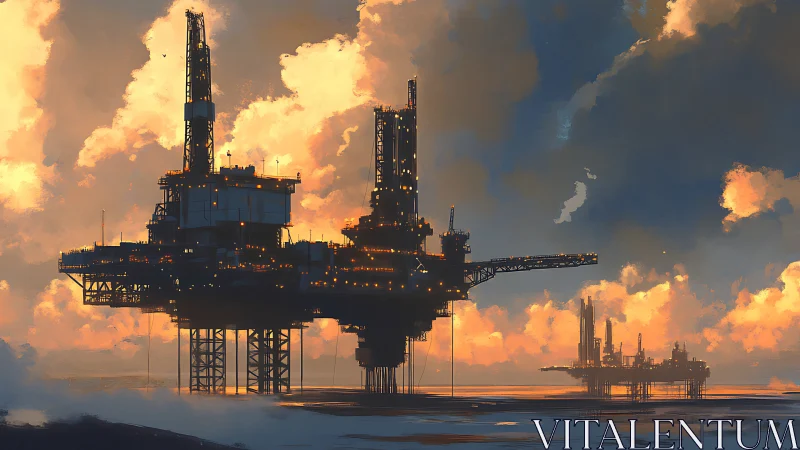 Sunset rigs humming over molten clouds of industrial dusk.