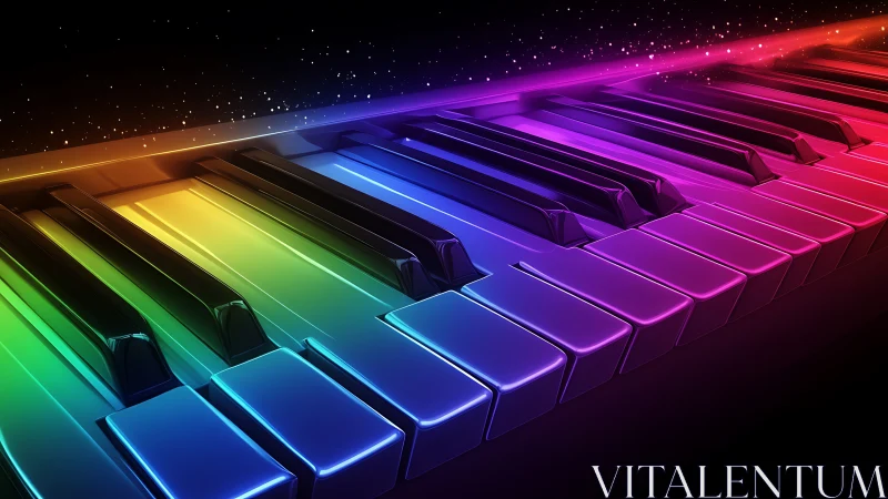 Prismatic piano keys glowing under a cosmic night sky.
