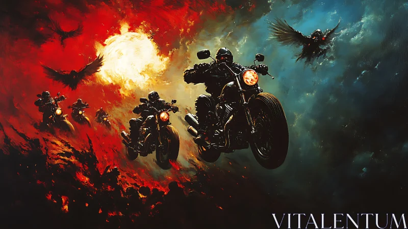 Apocalyptic riders emerging through infernal sky divide.