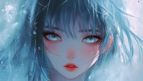 Close-up portrait of blue-haired anime girl in water.