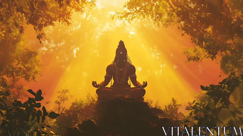 Digital painting of meditative deity in radiant forest glow.