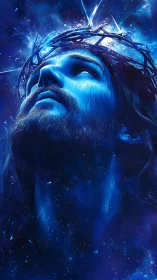 Blue luminous portrait of a crowned, bearded man in space.