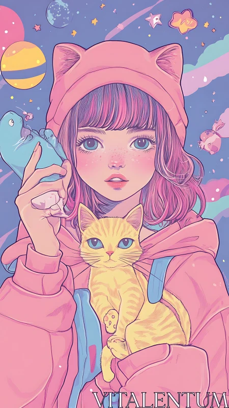 Girl holds cat against pastel space-themed illustrated backdrop